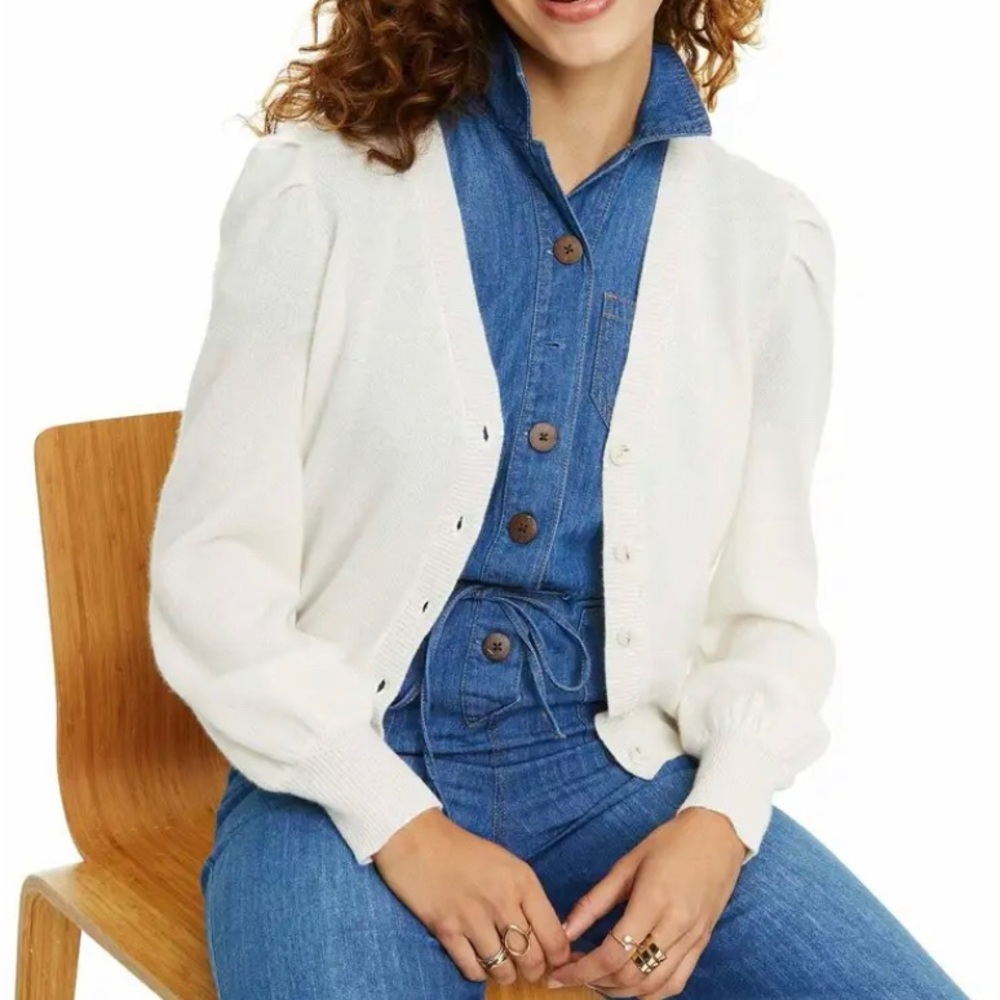 Charter Club Cashmere Balloon-Sleeve Cardigan Bianco Crema. Size Medium